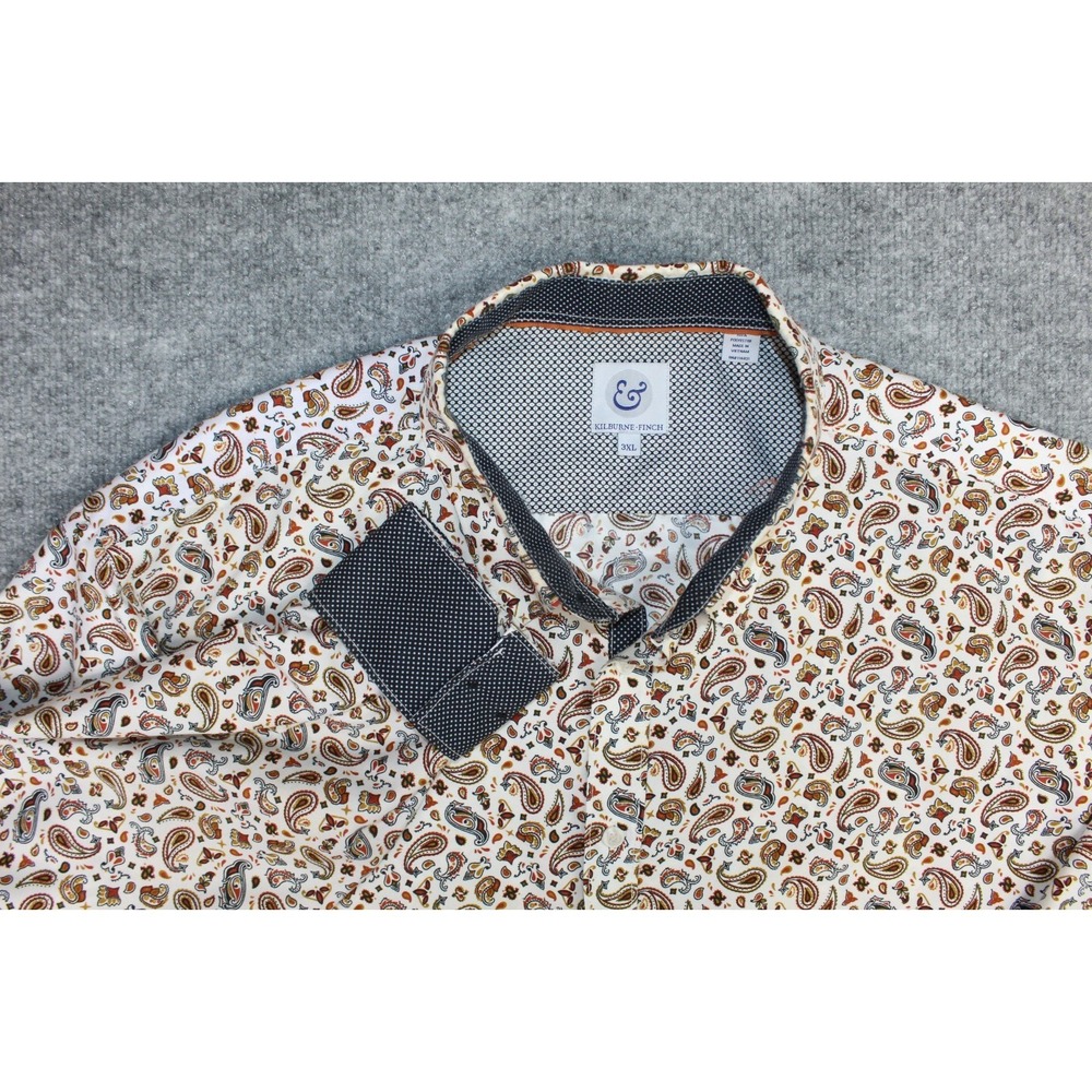 Kilburne & Finch Shirt Men's 3XL‎ White Paisley Long Sleeve Flip Cuff Button Up
